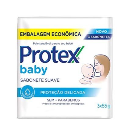 Aqui estão algumas opções de texto ALT, variando em descrição e detalhe: * **Simples:** Sabonete Bebê Protex * **Um pouco mais descritivo:** Sabonete Bebê Protex para pele delicada. * **Com foco na embalagem:** Embalagem com três sabonetes Bebê Protex. * **Completo (se relevante):** Sabonete Bebê Protex Delicate Care para a higiene do bebê. A escolha ideal depende do contexto da imagem e do quão detalhado você quer ser. Se a imagem mostra claramente a embalagem e o texto "Delicate Care", a opção completa é a melhor. Se a imagem é menor ou menos clara, a opção simples ou ligeiramente descritiva pode ser suficiente.