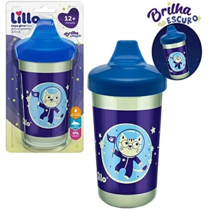 Aqui estão algumas opções de texto ALT para a imagem, levando em consideração diferentes níveis de detalhe: **Opção 1 (Mais concisa):** * Copo Antivazamento Lillo Azul **Opção 2 (Um pouco mais descritiva):** * Copo Antivazamento Lillo Brilha no Escuro Azul **Opção 3 (Mais detalhada, útil se a imagem tiver características específicas relevantes):** * Copo Antivazamento Lillo com capacidade de 320ml, design Max e detalhes que brilham no escuro, na cor azul. **Escolha a opção que melhor representa a imagem e que seja mais relevante para o contexto da página.**