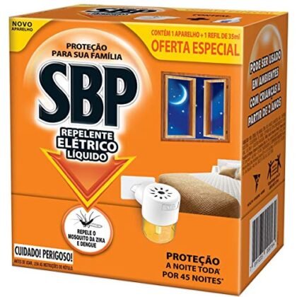 Aqui estão algumas opções de texto ALT para a imagem, variando em descrição e foco: **Opção 1 (Mais simples):** `SBP Repelente Elétrico` **Opção 2 (Um pouco mais descritiva):** `SBP Repelente Elétrico Líquido com refil` **Opção 3 (Focando nos benefícios):** `SBP Repelente Elétrico para 45 noites de proteção contra mosquitos` **Opção 4 (Mais completa, mas curta):** `Aparelho e refil SBP Repelente Elétrico para 45 noites` **Escolha a opção que melhor se encaixa no contexto da sua página e no que você deseja enfatizar sobre o produto.** A opção mais simples (`SBP Repelente Elétrico`) é boa se a imagem for autoexplicativa e o texto ao redor já fornecer mais detalhes. Se a imagem mostrar o aparelho e o refil, a opção 2 ou 4 seriam melhores. Se o foco for a duração, a opção 3 é ideal.