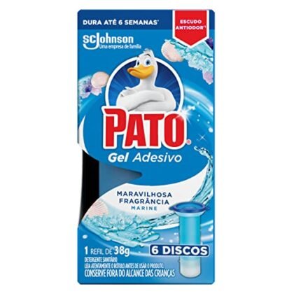 Aqui estão algumas opções de texto ALT para a imagem, variando em detalhes: **Opção 1 (Simples):** `Pato Gel Adesivo` **Opção 2 (Descrevendo o produto):** `Pato Gel Adesivo para limpeza e perfume do vaso sanitário.` **Opção 3 (Mais detalhada):** `Pato Gel Adesivo Marine, um disco de gel azul para fixar no vaso sanitário e manter a limpeza e o perfume.` **Opção 4 (Foco na marca):** `Pato Gel Adesivo: a solução da Pato para um vaso sanitário limpo e perfumado.` **Recomendação:** A opção mais completa (Opção 3) é a melhor, pois oferece mais informações sobre o produto em si. A escolha vai depender do contexto em que a imagem está sendo usada. Se o foco é apenas identificar a marca, a Opção 1 ou 4 podem ser suficientes.