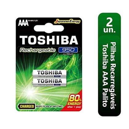 Aqui estão algumas opções de texto ALT para a imagem, utilizando "Pilha Recarregável AAA Toshiba", com foco em diferentes aspectos: **Opções Curtas e Diretas:** * Pilha Recarregável AAA Toshiba * Pilhas AAA Recarregáveis Toshiba **Opções um pouco mais descritivas:** * Pilhas Recarregáveis AAA Toshiba, cartela com duas unidades. * Cartela com duas Pilhas Recarregáveis AAA Toshiba para dispositivos eletrônicos. **Opções que mencionam a capacidade (se for relevante no contexto):** * Pilhas Recarregáveis AAA Toshiba 950mAh * Pilhas Recarregáveis AAA Toshiba, alta capacidade de 950mAh. **Qual escolher?** A melhor opção depende do contexto da sua página. * Se você precisa de algo muito curto e simples, use a primeira opção. * Se o foco é mostrar que são duas pilhas, use a segunda ou terceira opção da segunda lista. * Se a capacidade é um fator importante para a compra, inclua a informação de 950mAh. **Dica:** Se a página já menciona que são pilhas AAA recarregáveis, você pode simplificar ainda mais para apenas "Pilhas Toshiba".