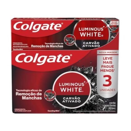 Aqui estão algumas opções de texto ALT para a imagem, considerando o título do produto e focando em "Clareador Carvão Ativado": **Opções mais concisas:** * Clareador Carvão Ativado * Creme Dental Clareador Carvão Ativado **Opções mais descritivas:** * Creme dental Colgate Luminous White Clareador Carvão Ativado * Embalagem tripla de creme dental clareador com carvão ativado Colgate Luminous White * Colgate Luminous White Carvão Ativado: creme dental para clareamento dos dentes **Dicas extras:** * Se a imagem mostrar os dentes brancos, adicione algo como: "... para um sorriso mais branco." * Se o contexto for uma página de e-commerce, inclua "Compre agora" ou "Veja mais detalhes" (se apropriado para acessibilidade). A melhor escolha dependerá do contexto da imagem e do nível de detalhe que você deseja fornecer. A prioridade é que o texto seja informativo e relevante para o usuário.