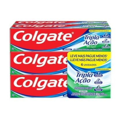 Aqui estão algumas opções de texto ALT para a imagem, utilizando "Colgate Tripla Ação", com diferentes níveis de detalhe: * **Opção 1 (Mais Simples):** Colgate Tripla Ação - Pacote com 6 unidades. * **Opção 2 (Um pouco mais descritiva):** Creme dental Colgate Tripla Ação, sabor menta, em embalagem com 6 unidades de 90g cada. * **Opção 3 (Focando no benefício):** Compre agora: Pacote com 6 unidades de Colgate Tripla Ação para uma higiene bucal completa. A melhor opção dependerá do contexto em que a imagem está sendo usada. Se a imagem estiver em uma página de produto, a opção 2 ou 3 seriam mais adequadas. Se estiver em um banner ou anúncio, a opção 1 pode ser suficiente.