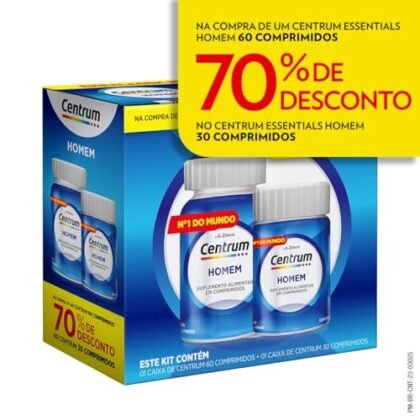 Aqui estão algumas opções de texto ALT para a imagem do produto "Centrum Homem", variando em detalhes: **Opção 1 (Simples e direta):** `Centrum Homem, multivitamínico para adultos, embalagem promocional "Leve 90 Pague 60".` **Opção 2 (Com palavras-chave importantes):** `Centrum Homem: Suplemento multivitamínico para homens, com Vitamina B12, Vitamina D, Ferro e Zinco. Embalagem com 90 comprimidos, pague por 60.` **Opção 3 (Focada no benefício):** `Centrum Homem, multivitamínico para a saúde masculina. Aproveite a oferta especial: leve 90 comprimidos e pague por 60.` **Opção 4 (Mais descritiva):** `Imagem da embalagem de Centrum Homem, multivitamínico para adultos. Destacada a promoção: "Leve 90 Comprimidos e Pague 60". Inclui vitaminas e minerais essenciais, como Vitamina B12, Vitamina D, Ferro e Zinco.` **Ao escolher, considere:** * **O contexto da imagem:** Onde ela está sendo usada? Que informação você quer que as pessoas obtenham rapidamente? * **As palavras-chave:** Quais termos as pessoas usariam para pesquisar este produto? * **A concisão:** Seja breve, mas informativo. Eu recomendaria a **Opção 2** ou a **Opção 4** para fornecer o máximo de informações relevantes em um espaço curto.