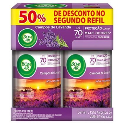 Aqui estão algumas opções de texto ALT para a imagem, considerando o uso de "Aromatizador Automático": **Opção 1 (Descritiva e concisa):** `Aromatizador Automático Bom Ar Freshmatic Refil Campos de Lavanda em promoção.` **Opção 2 (Focada na funcionalidade):** `Imagem de um Aromatizador Automático liberando fragrância, com destaque para o refil Bom Ar Freshmatic Campos de Lavanda.` **Opção 3 (Enfatizando a oferta):** `Aromatizador Automático Bom Ar Freshmatic Refil Campos de Lavanda: aproveite 50% de desconto na segunda unidade.` **Opção 4 (Mais detalhada):** `Aromatizador Automático Bom Ar Freshmatic, com refil de Campos de Lavanda, ideal para perfumar o ambiente de forma contínua e automática. Promoção especial: 50% de desconto na segunda unidade.` **Qual escolher?** * Se o contexto for uma listagem de produtos, a **Opção 1** é a mais direta. * Se a imagem mostrar o aromatizador em uso, a **Opção 2** é uma boa escolha. * Se o foco é a promoção, a **Opção 3** é a ideal. * A **Opção 4** é a mais completa, mas pode ser excessiva dependendo do contexto. Lembre-se de escolher a opção que melhor descreve a imagem e se alinha com o objetivo da página.