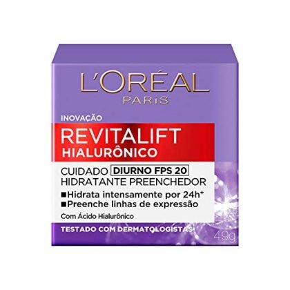 Aqui estão algumas opções de texto ALT, variando em detalhes: * **Revitalift Hialurônico: Creme facial anti-idade diurno L'Oréal Paris com FPS 20.** (Opção mais descritiva e útil) * **Revitalift Hialurônico: Pote do creme anti-idade diurno L'Oréal Paris.** (Opção mais curta, focada no produto em si) * **Revitalift Hialurônico.** (Opção mais concisa, ideal se o contexto já fornece mais informações) A melhor escolha depende do contexto da imagem e da página. Se o objetivo é acessibilidade para pessoas com deficiência visual e SEO, a primeira opção é a mais recomendada por ser mais completa.