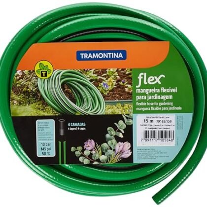 Aqui estão algumas opções de texto ALT para a imagem, utilizando "Mangueira Tramontina", com diferentes níveis de detalhe: **Opção 1 (Mais simples):** `Mangueira Tramontina para jardim.` **Opção 2 (Um pouco mais descritiva):** `Mangueira Tramontina verde de 25 metros com engates e esguicho.` **Opção 3 (Mais completa, focando nos benefícios):** `Mangueira Tramontina flexível, com engates rosqueados e esguicho em PVC, ideal para irrigação do jardim e limpeza externa.` **Opção 4 (Focada na marca e modelo):** `Mangueira Tramontina com engates rosqueados e esguicho em PVC Verde 25 M.` A melhor opção depende do contexto do seu site e do que você deseja enfatizar. Se você quer focar na marca, a opção 4 é boa. Se você quer destacar a utilidade da mangueira, a opção 3 é melhor.