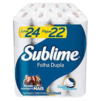 Aqui estão algumas opções de texto ALT para a imagem, considerando o título do produto e focando em diferentes aspectos: * **Opção 1 (Descritiva):** Sublime: Rolo de papel higiênico folha dupla, parte de um pacote com 24 rolos. * **Opção 2 (Marca focada):** Papel higiênico Sublime, folha dupla, embalagem com 24 rolos. * **Opção 3 (Benefício):** Sublime: 24 rolos de papel higiênico folha dupla para maior conforto e praticidade. * **Opção 4 (Simples):** Sublime papel higiênico.