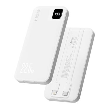 Power Bank Basike com cabos integrados e LED indicador.
