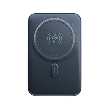 Powerbank MagSafe cinza com suporte.