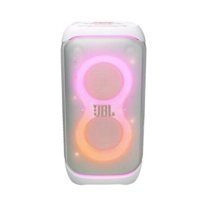 JBL PartyBox Stage 320 branca com luzes LED.