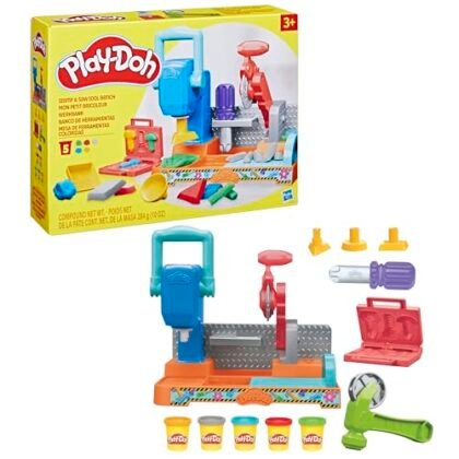Mesa de Ferramentas Play-Doh com massinhas e acessórios coloridos.